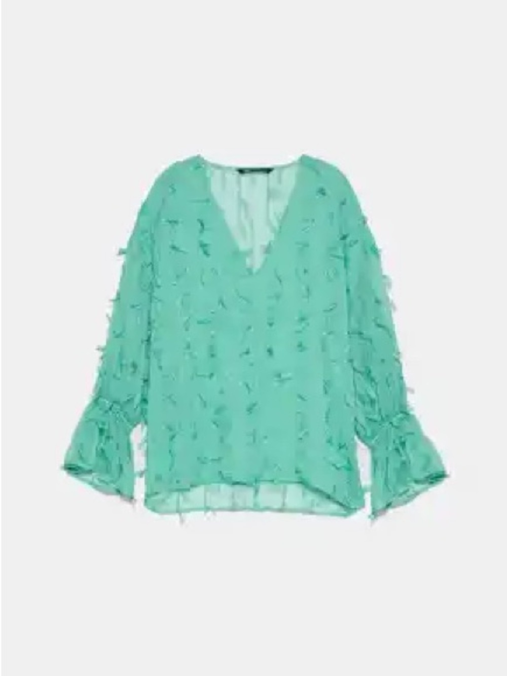 Zara XL Mint Teal V-Neck Textured Long-Sleeve Blouse